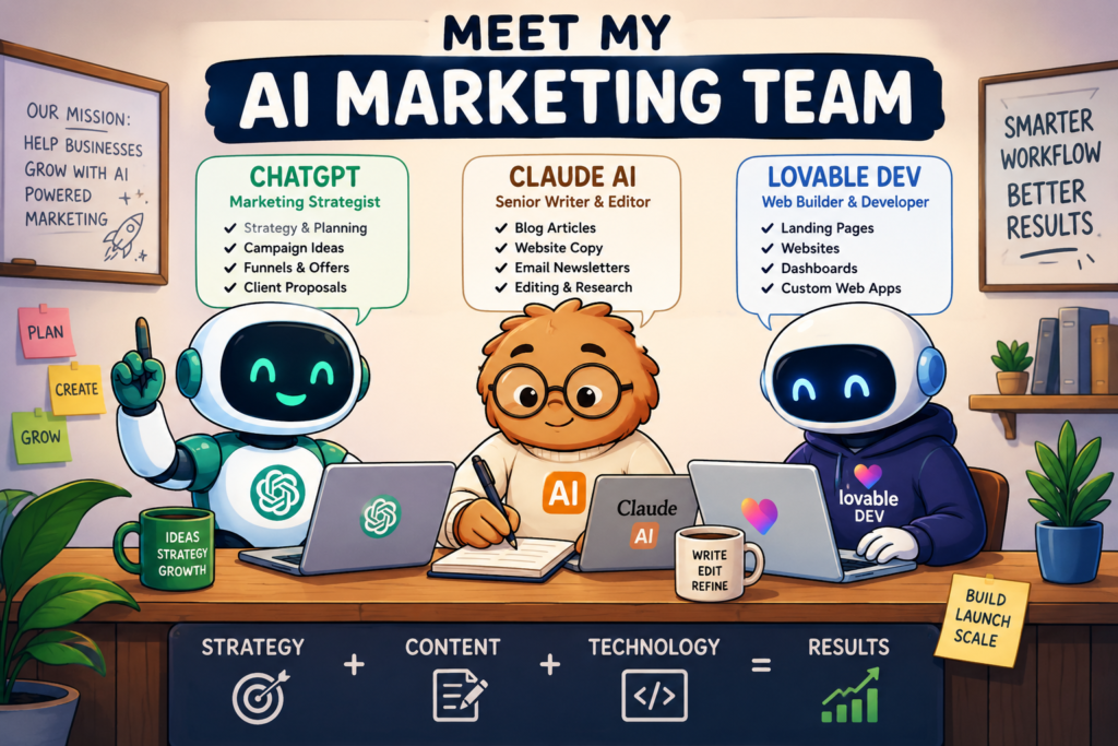A futuristic workflow diagram showing ChatGPT creating strategy, Claude AI writing content, Lovable Dev building websites, and the final output flowing to happy business clients. Minimalist design, blue and white color palette, clean infographic style.